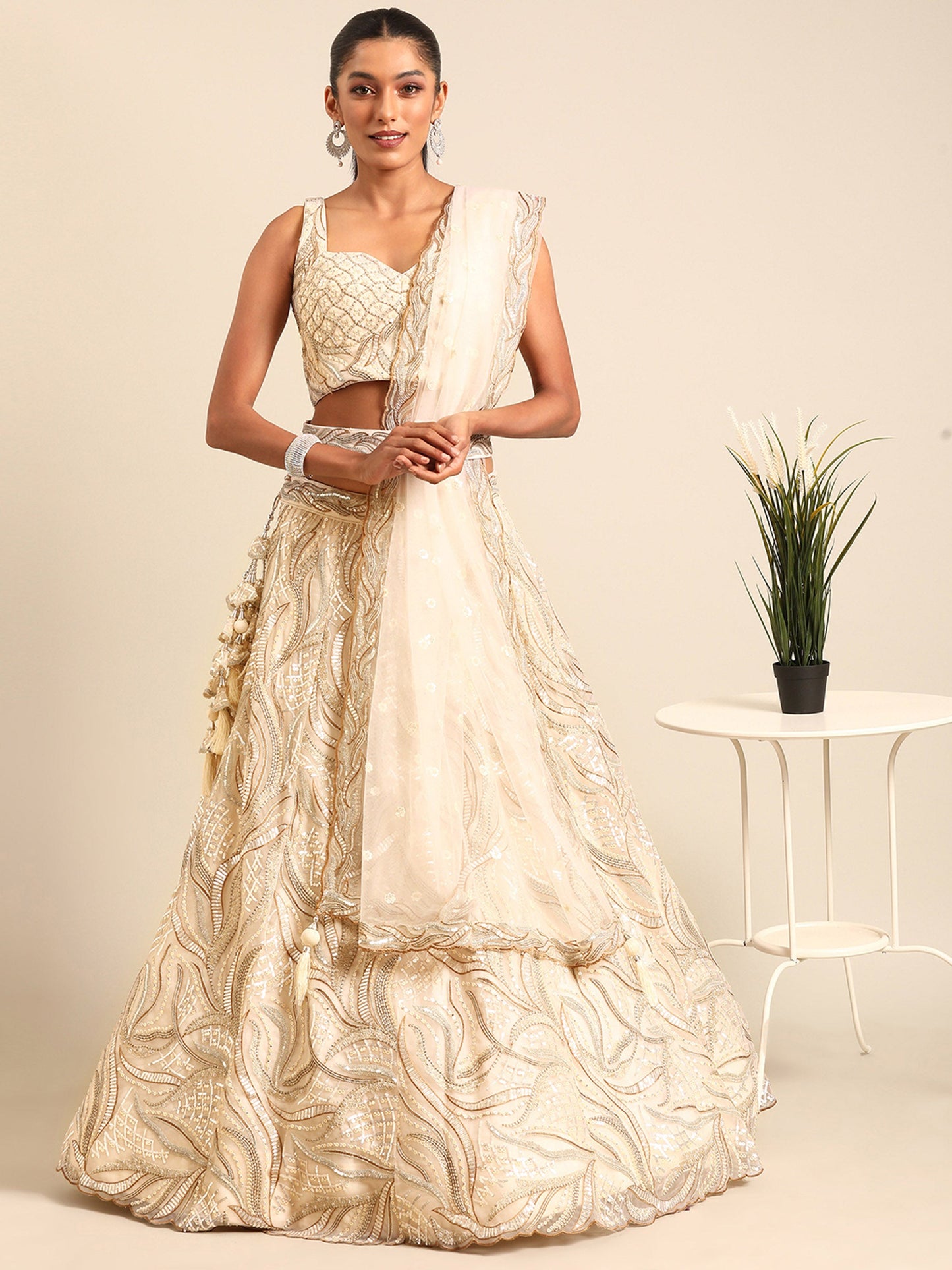 Cream Net Sequins and Zarkan embroidery Lehenga