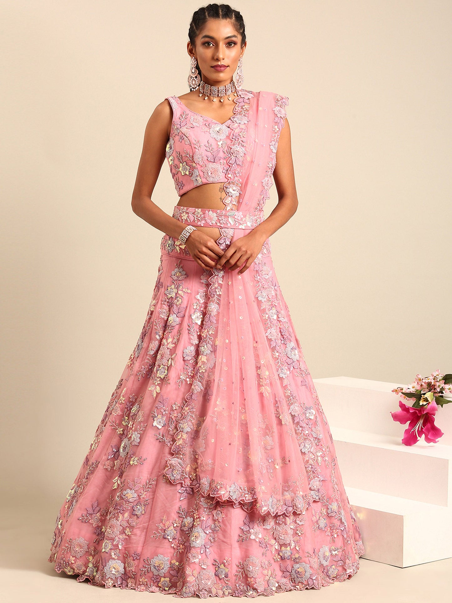 Pink Net Zarkan embroidery Lehenga