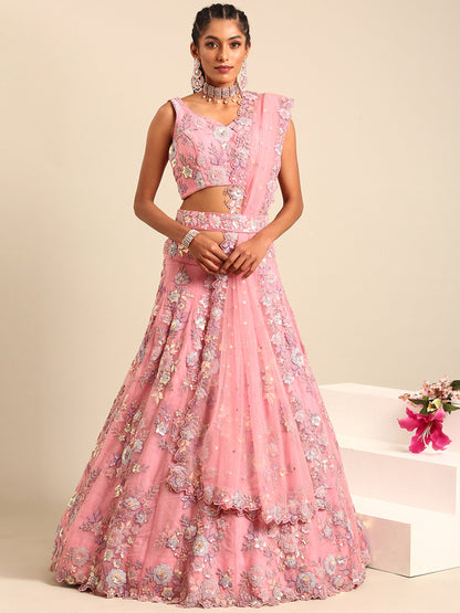 Pink Net Zarkan embroidery Lehenga