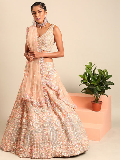 Peach Net Multi Sequins & Zarkan embroidery Lehenga choli