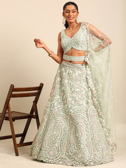 Sea Green Net Multi Zarkan embroidery Lehenga