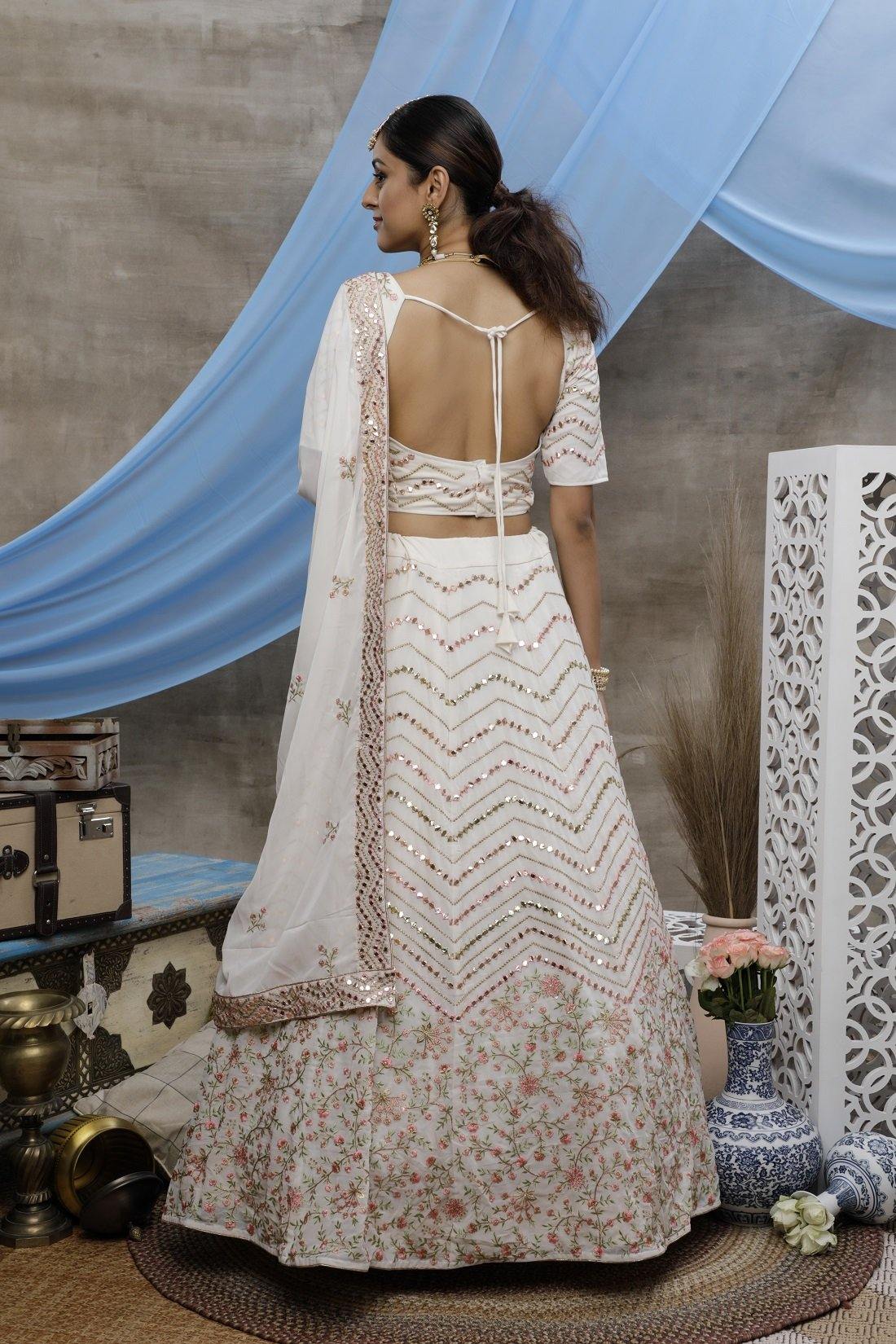    Pearl White Georgette Bridal Lehenga Choli with Thread, gota patti embroidered work - Glamou  al