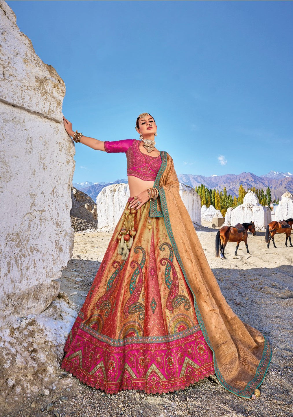 Pink and Light Orange Sequins Embroidered Banaras Silk Bridal Lehenga