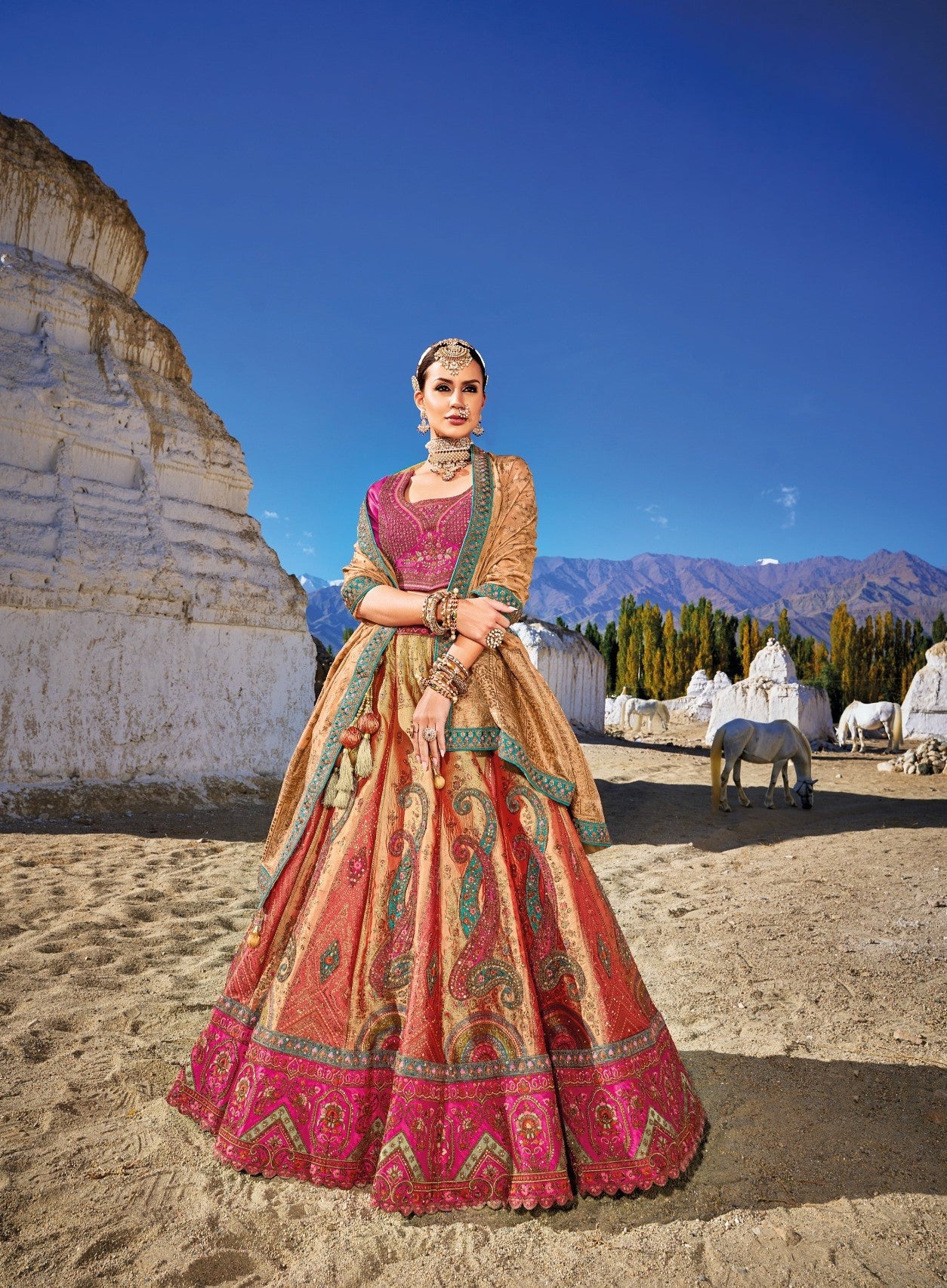 Pink and Light Orange Sequins Embroidered Banaras Silk Bridal Lehenga