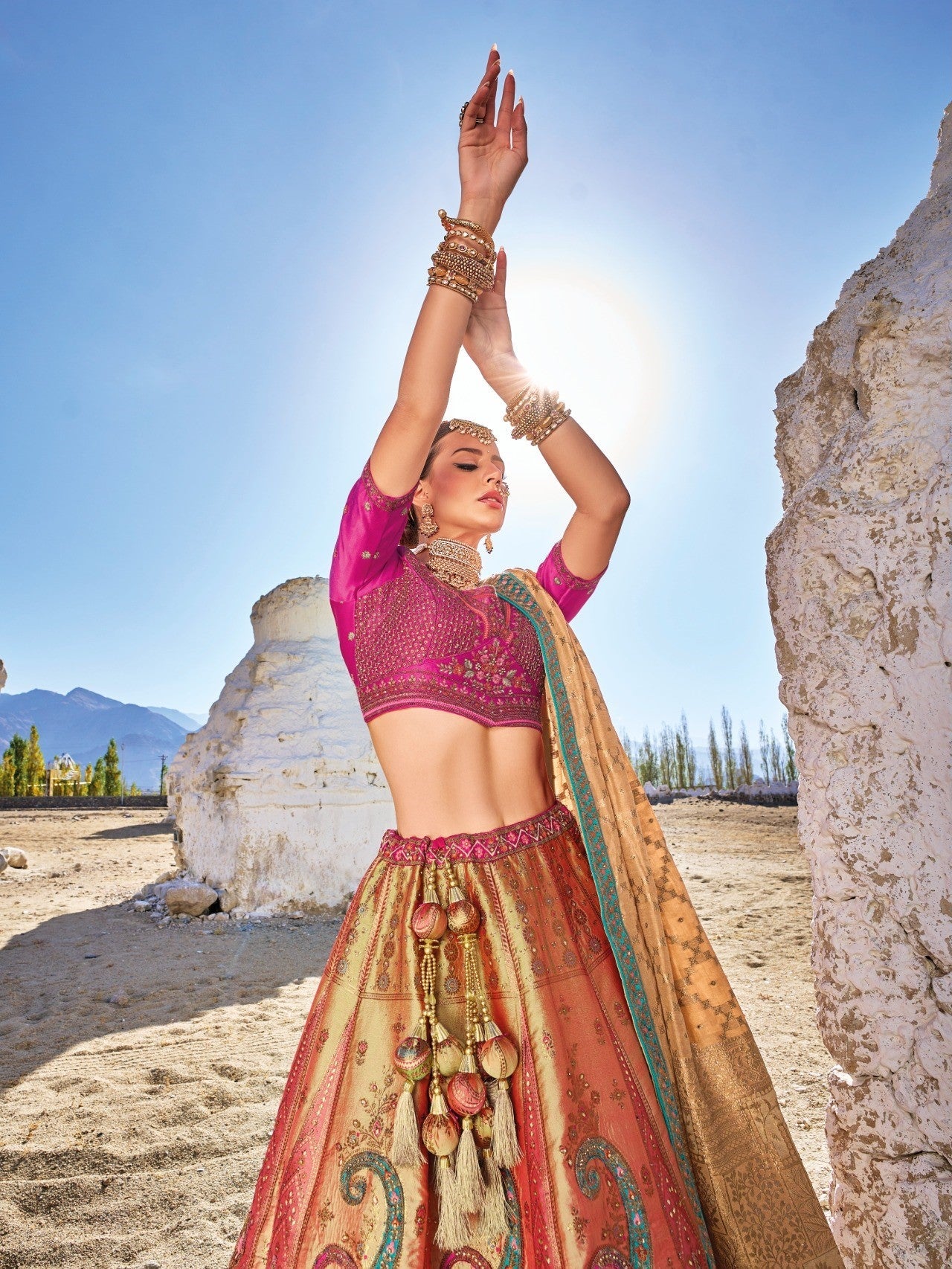 Pink and Light Orange Sequins Embroidered Banaras Silk Bridal Lehenga