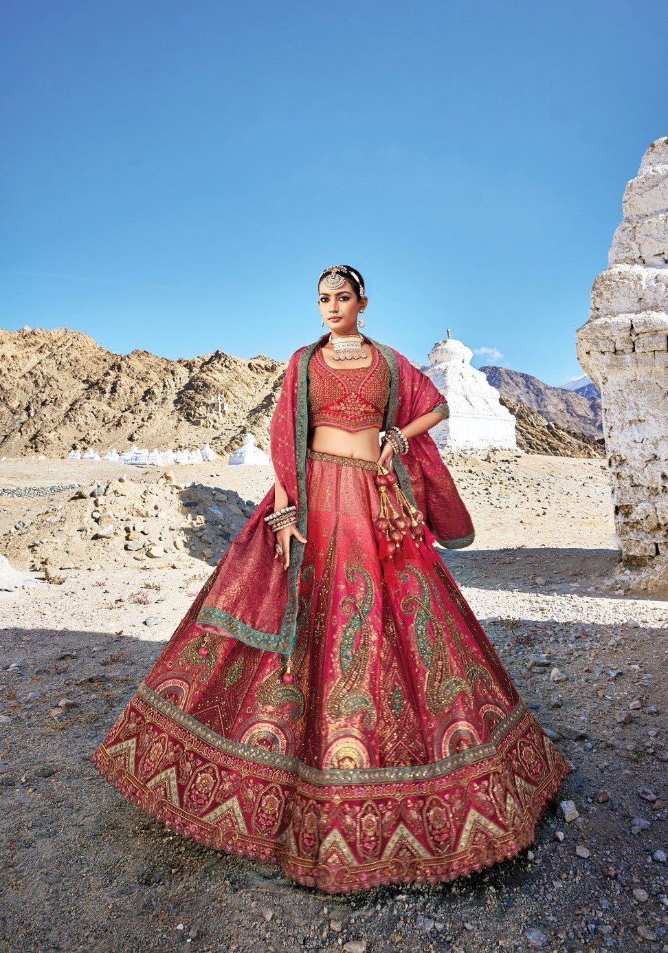 Dark Pink Sequins Embroidered Banaras Silk Bridal Lehenga