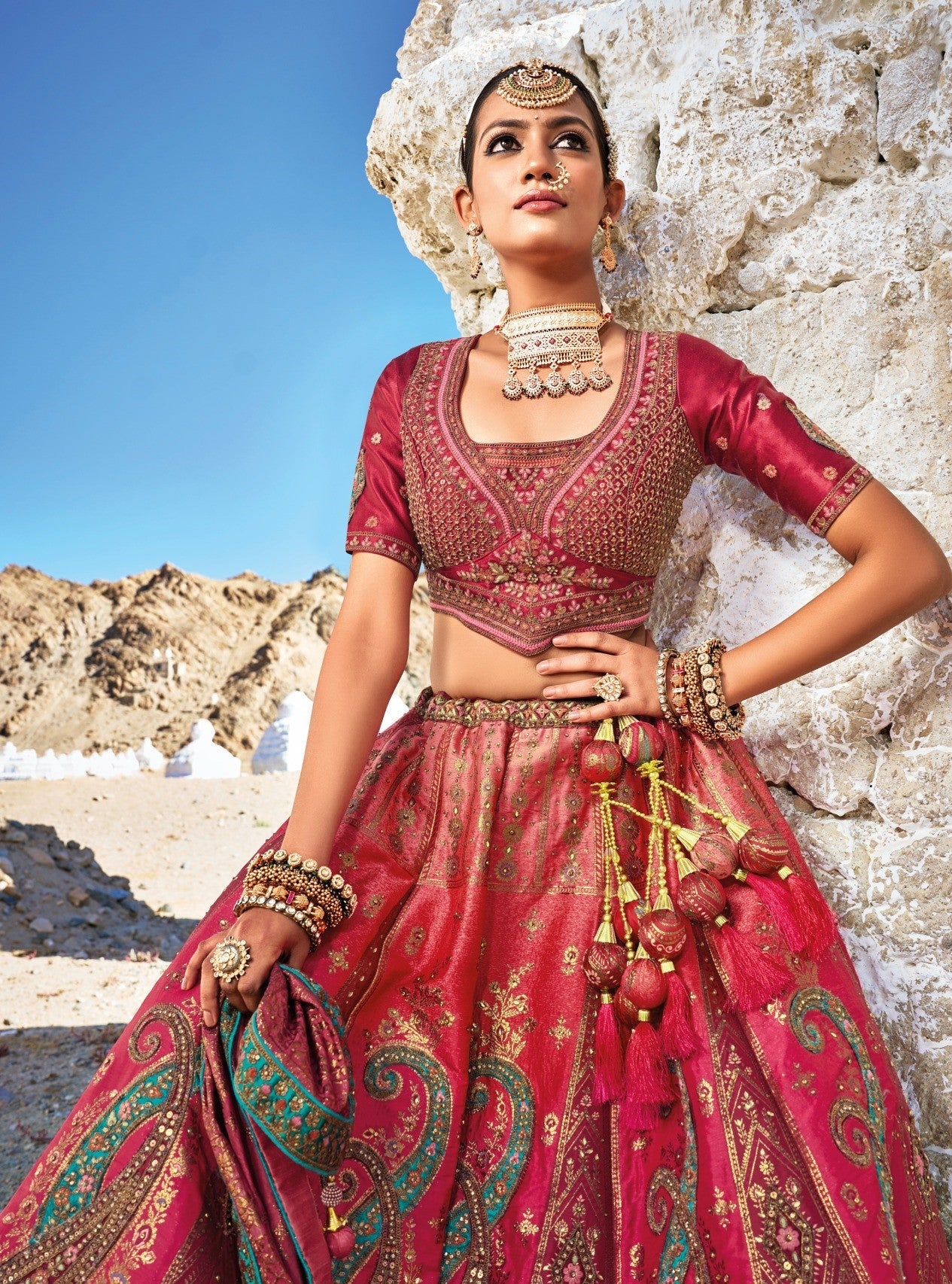 Dark Pink Sequins Embroidered Banaras Silk Bridal Lehenga