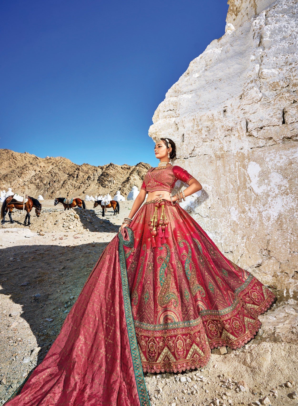 Dark Pink Sequins Embroidered Banaras Silk Bridal Lehenga