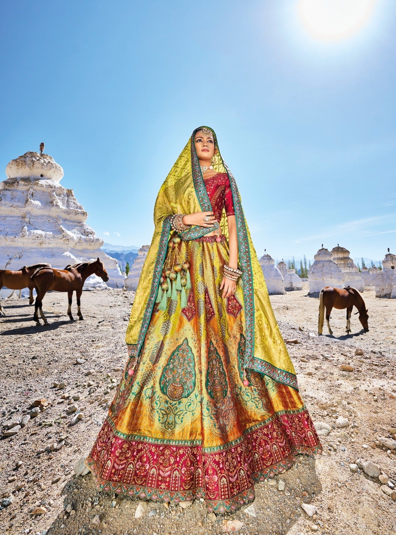 Green and Red Color Sequins Embroidered Banaras Silk Bridal Lehenga