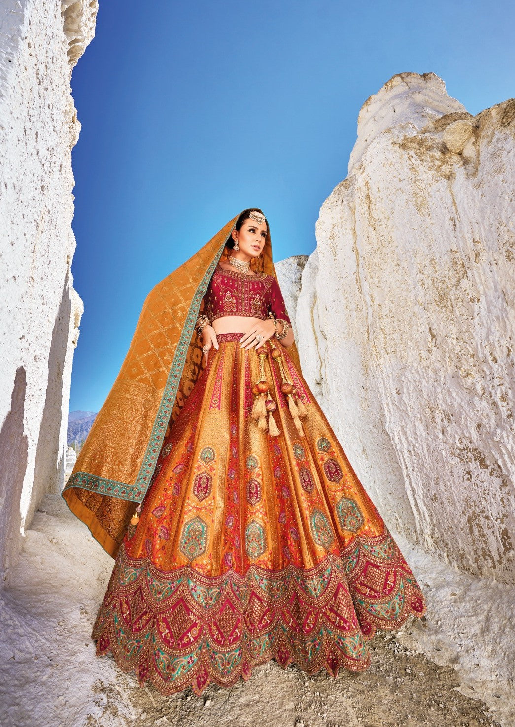 Mustard Yellow Sequins Embroidered Banaras Silk Bridal Lehenga