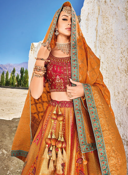 Mustard Yellow Sequins Embroidered Banaras Silk Bridal Lehenga