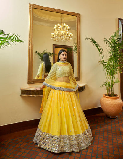 Yellow Soft Net Lehenga Set For Wedding Guest - Rent