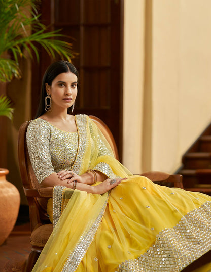 Yellow Soft Net Lehenga Set For Wedding Guest - Rent