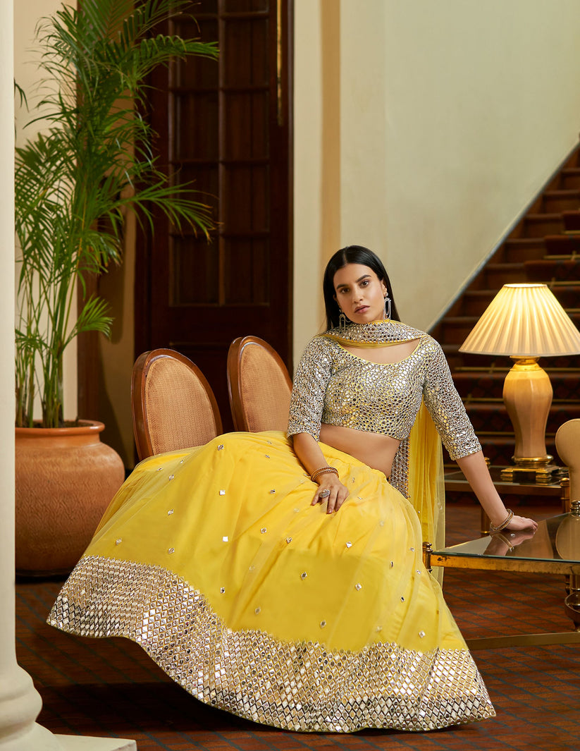 Yellow Soft Net Lehenga Set For Wedding Guest - Rent