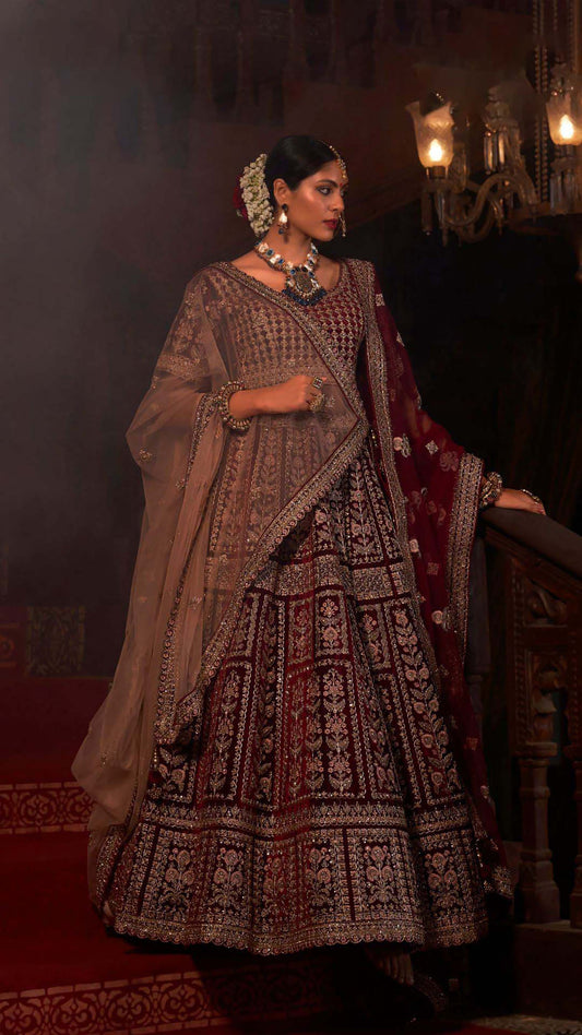 Exclusive Maroon Embroidered Velvet Bridal Lehenga