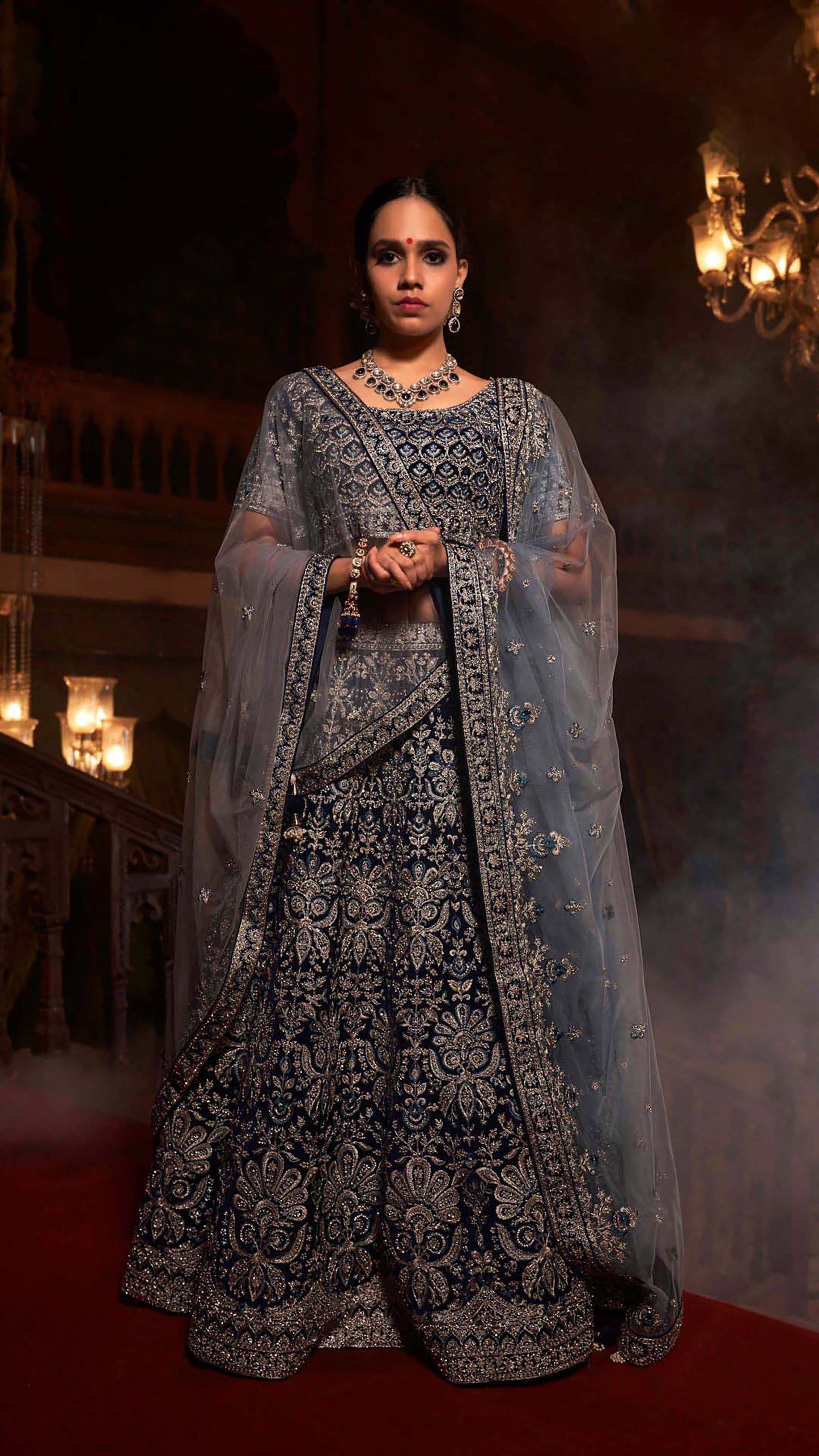 Glamourous Navy Blue Velvet Bridal Lehenga