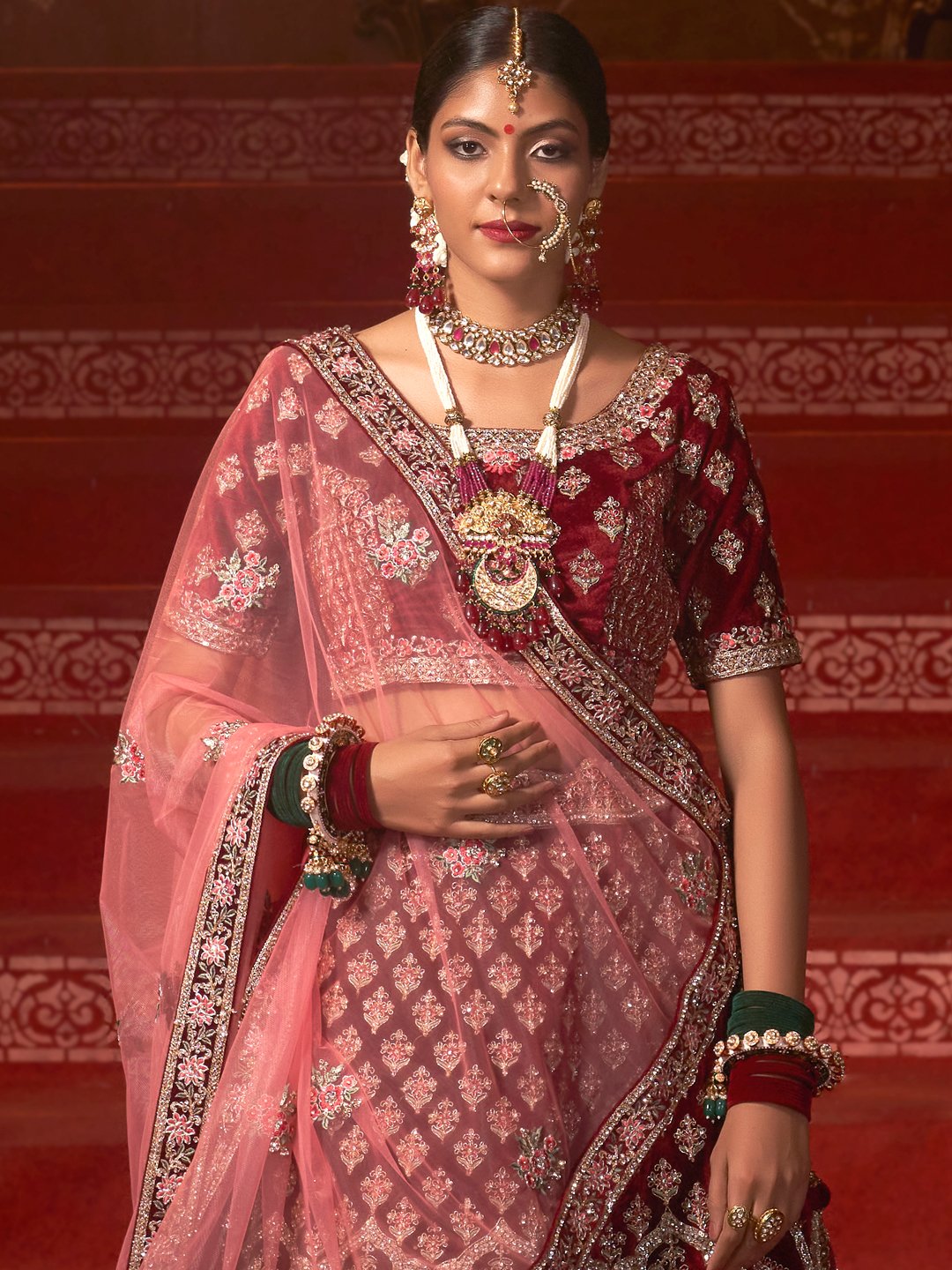 Elegant Maroon Velvet Bridal Wear Lehenga