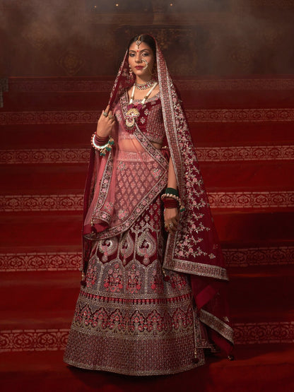 Elegant Maroon Velvet Bridal Wear Lehenga