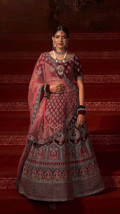 Elegant Maroon Velvet Bridal Wear Lehenga