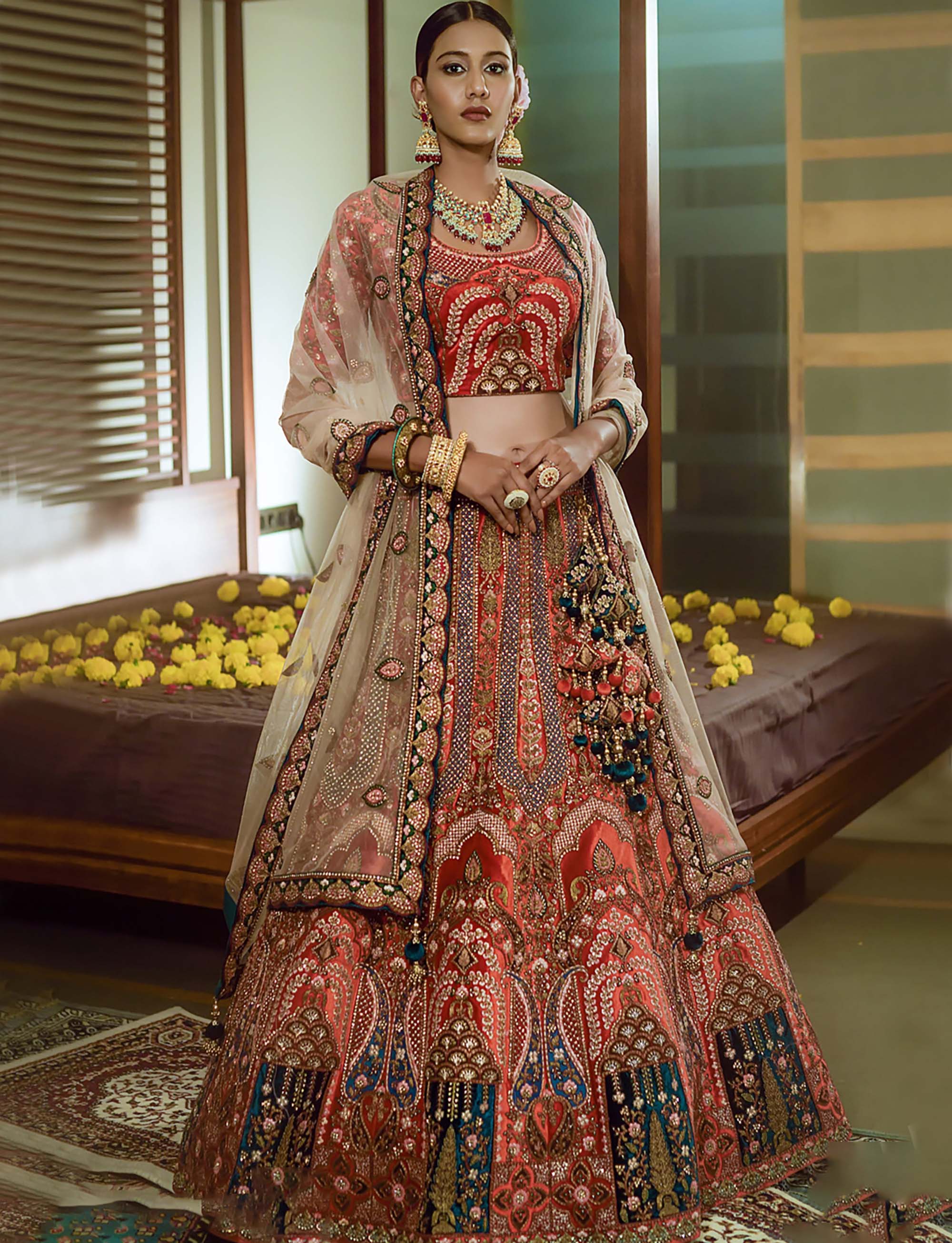 Gorgeous Multicolor Embroidered Velvet Bridal Lehenga 77173 Fuzerentals