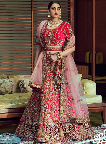 Carnation Red Embroidered Bridal Lehenga