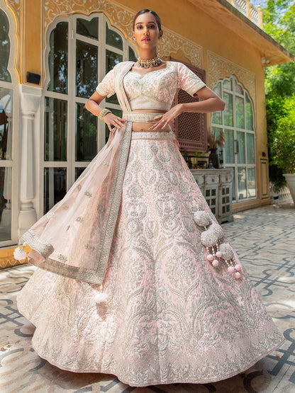 Peach Net  Heavy Thread Embroidery Bridal Lehenga AN77290