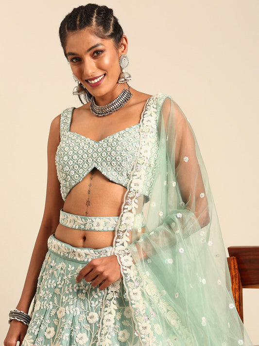 Sea Green Chinon Sequins and Zarkan embroidery Lehenga