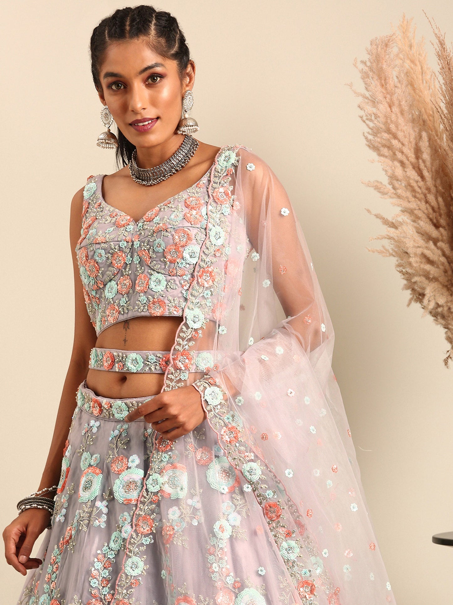 Mauve Net Sequins & Zarkan embroidery Lehenga