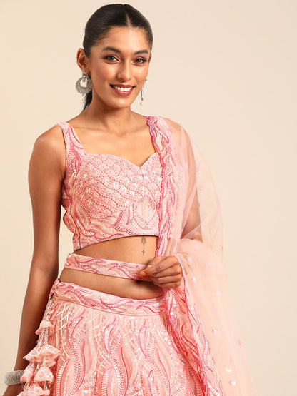 Coral Pink Net Sequins and Zarkan embroidery Lehenga