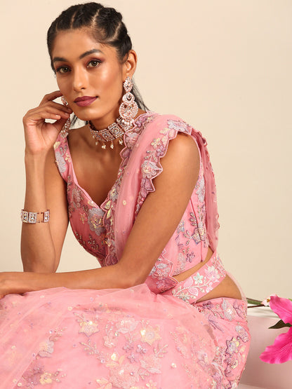 Pink Net Zarkan embroidery Lehenga