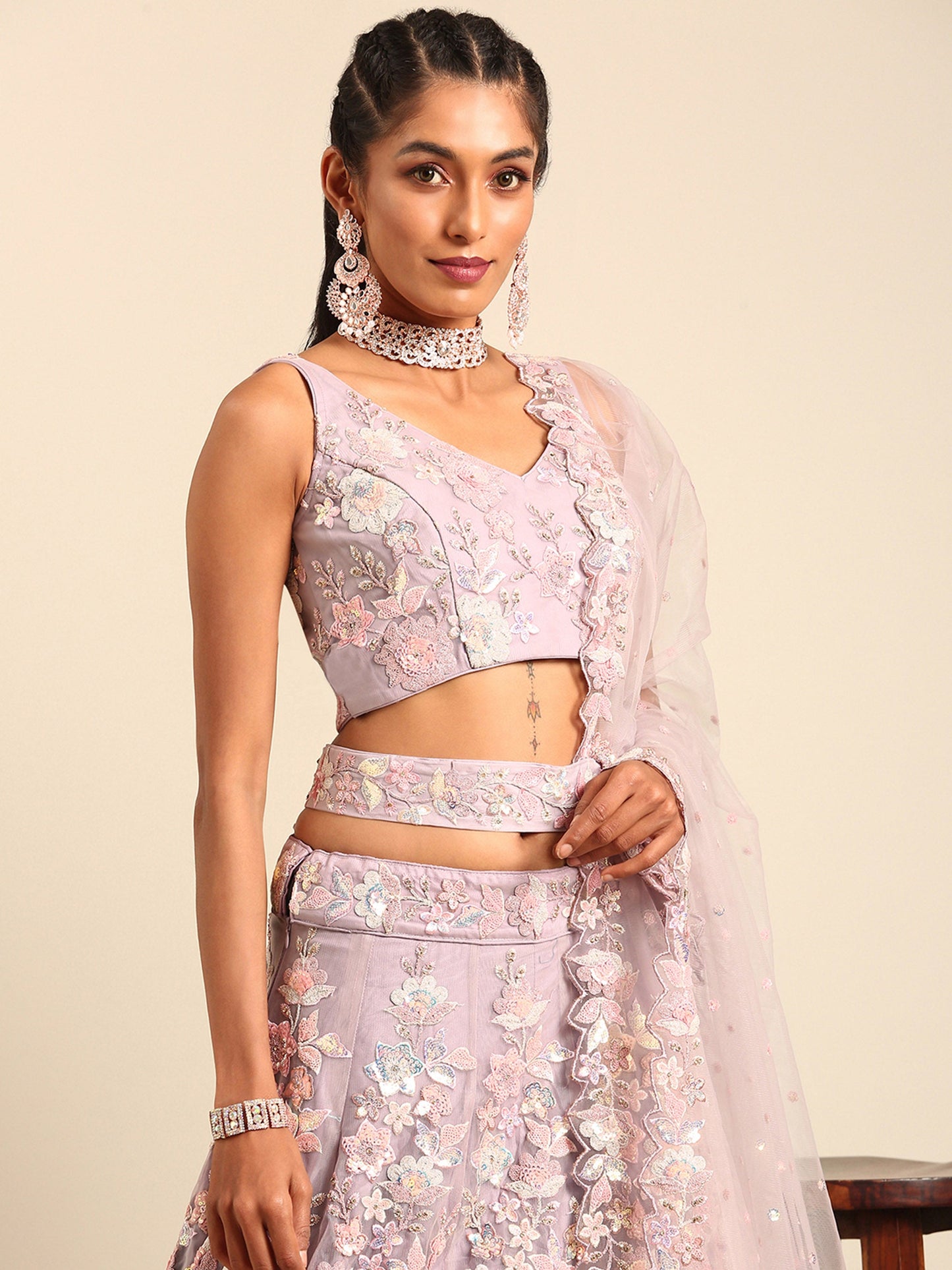 Mauve Net Zarkan embroidery Lehenga