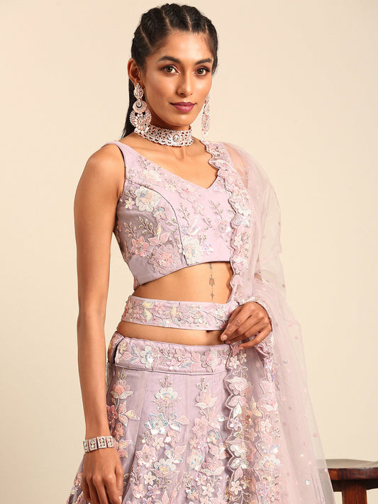 Mauve Net Zarkan embroidery Lehenga