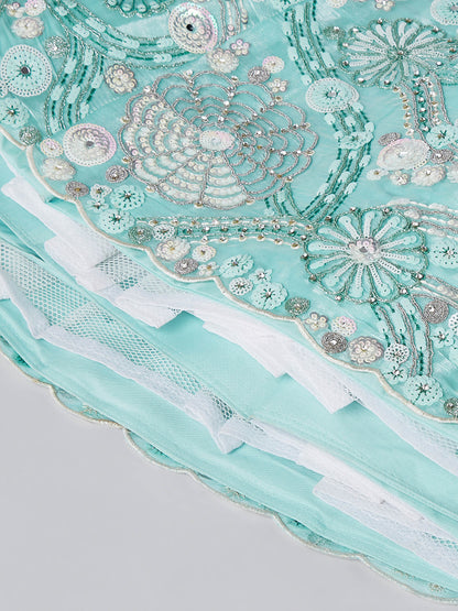 Turquoise blue Organza Sequins, Zarkan and thread embroidery Lehenga