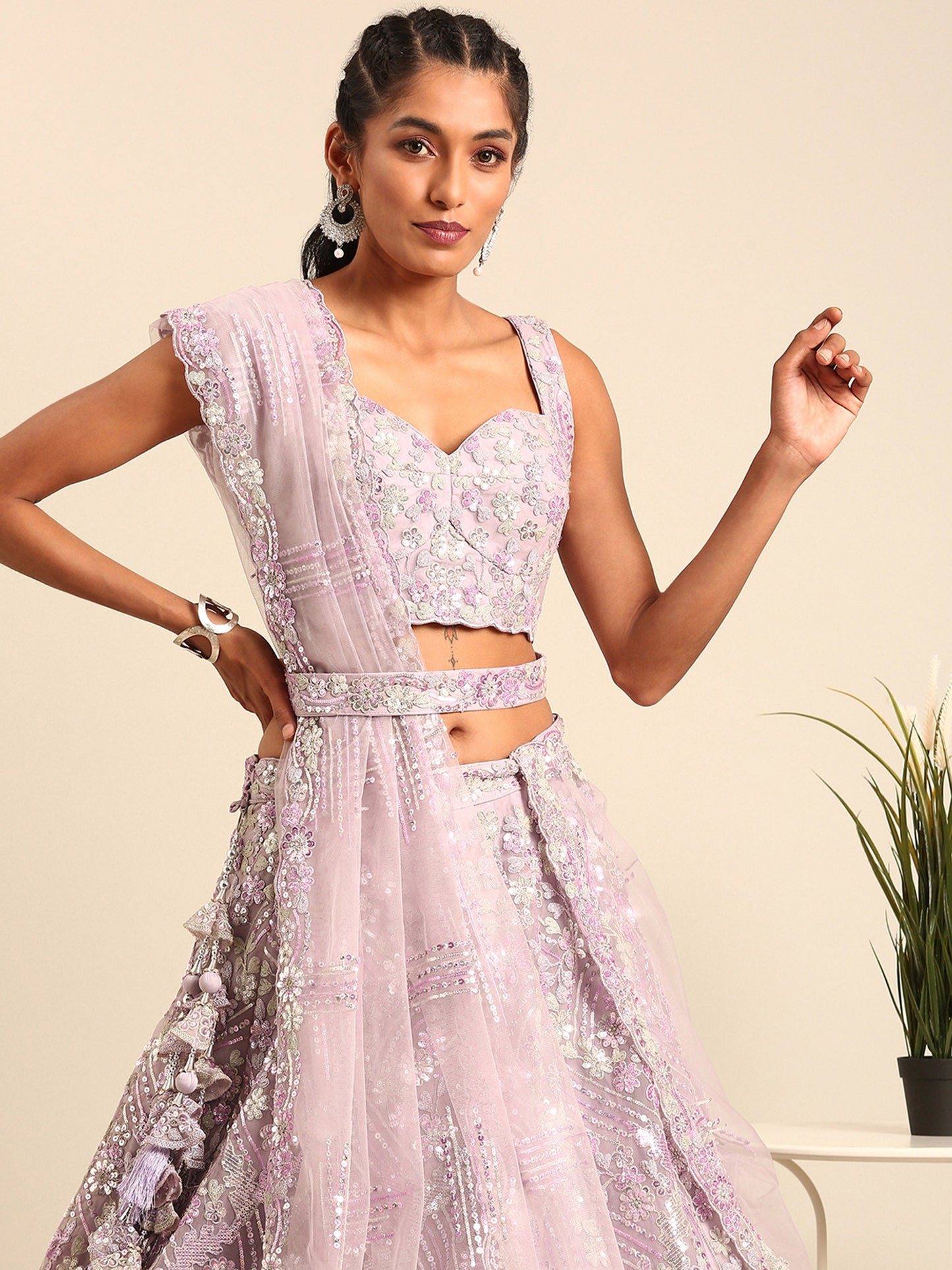 Lavender Net Sequins and Zarkan embroidery Lehenga