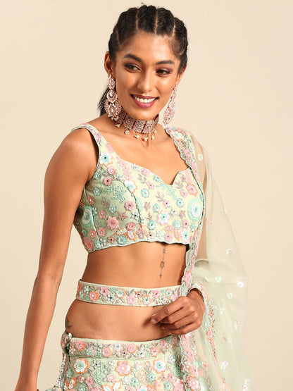 Lime Green Net Sequins, Mirror and thread embroidery Lehenga