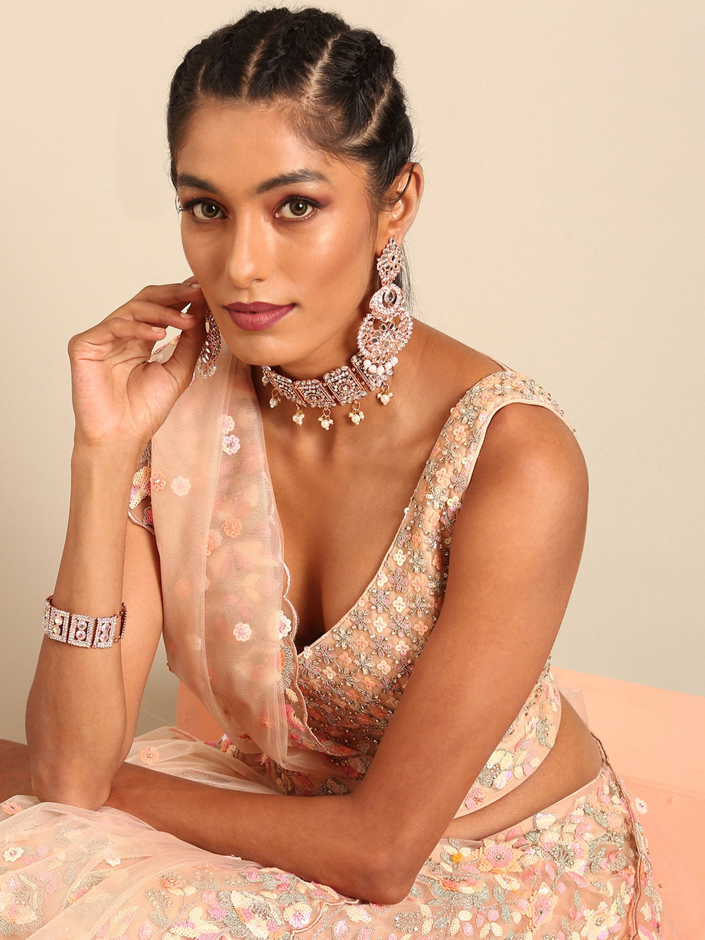 Peach Net Multi Sequins & Zarkan embroidery Lehenga choli