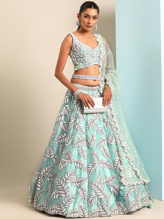 Turquoise Blue Organza Sequins & Zarkan embroidery Lehenga