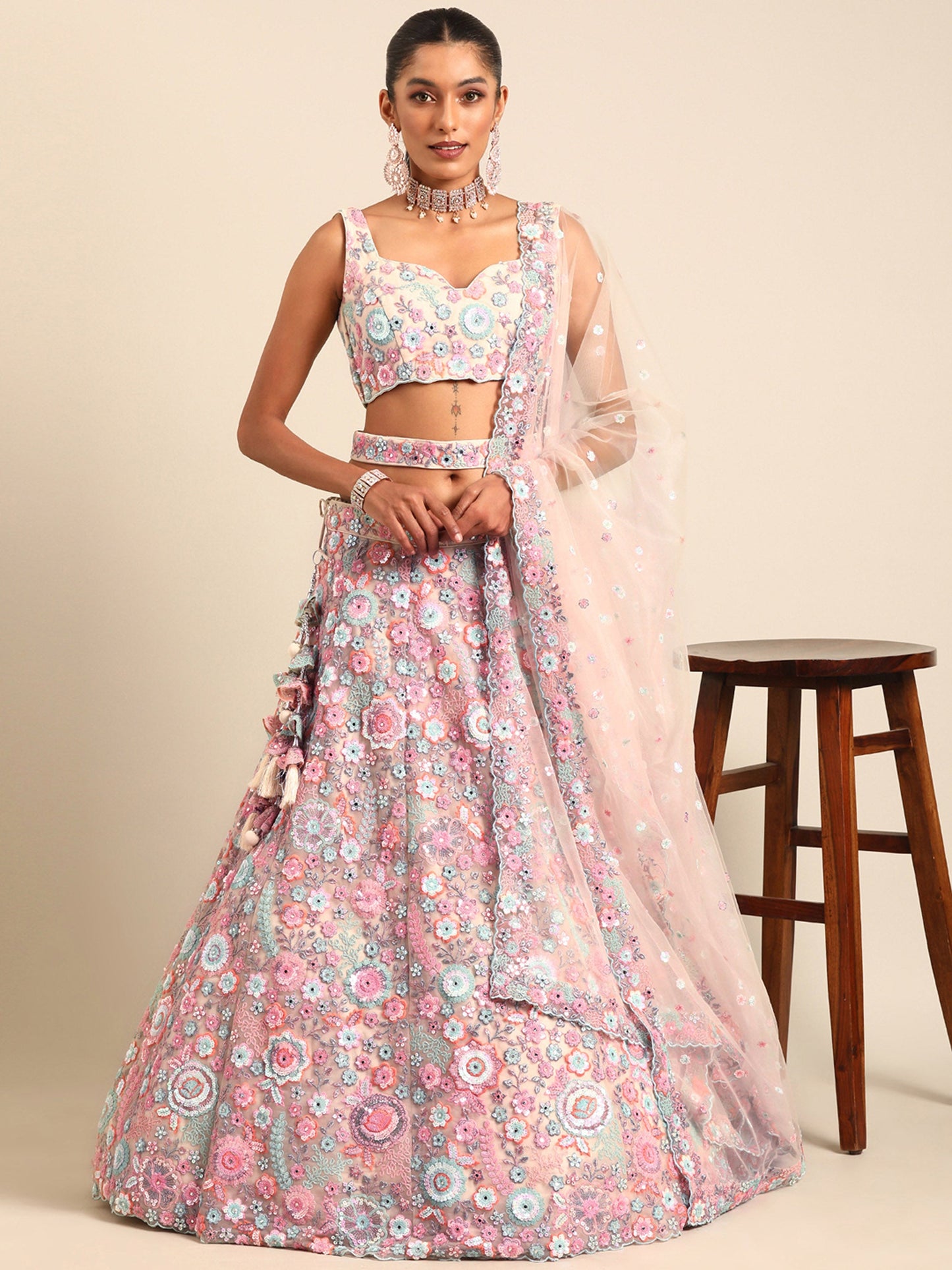 Cream Net Sequins, Mirror and thread embroidery Lehenga