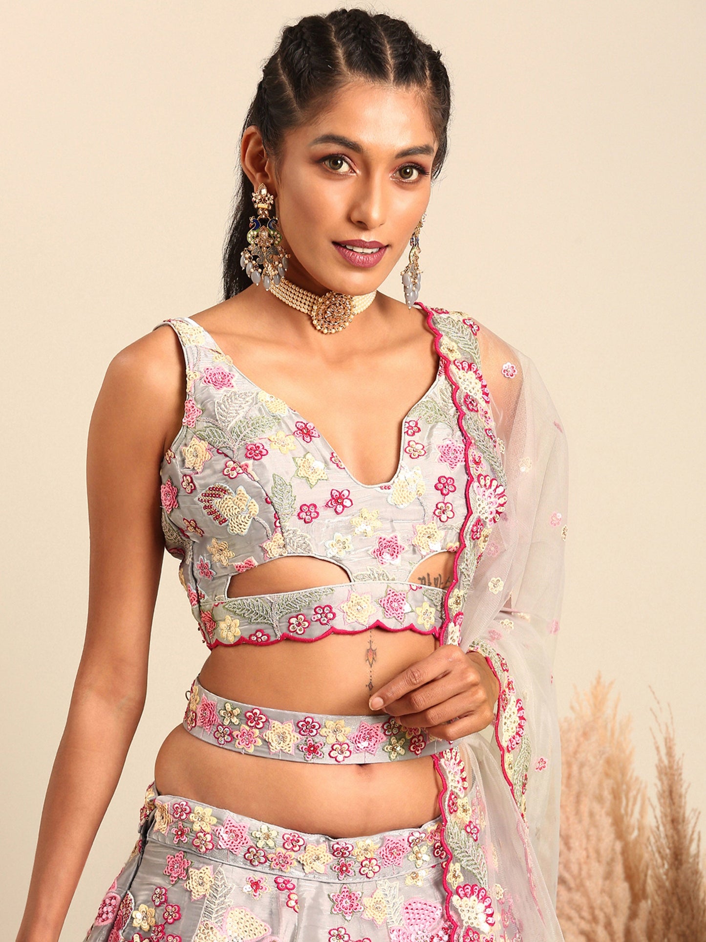 Grey Organza Sequins and Zarkan embroidery Lehenga