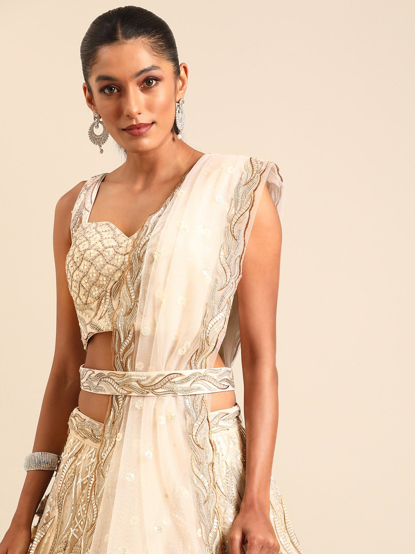 Cream Net Sequins and Zarkan embroidery Lehenga