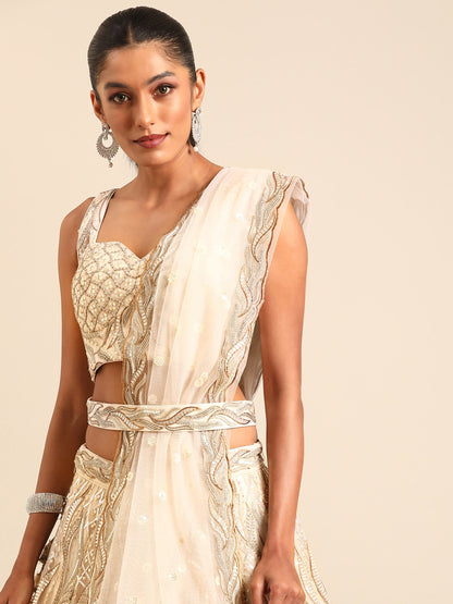 Cream Net Sequins and Zarkan embroidery Lehenga