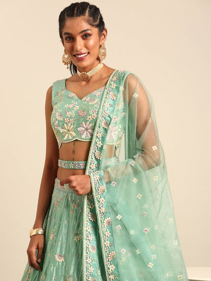 Sea Green Georgette Sequins Embroidery Lehenga