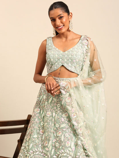 Sea Green Net Multi Zarkan embroidery Lehenga