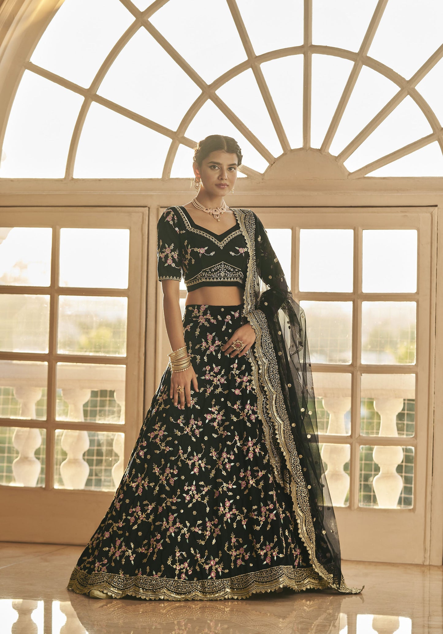 Black Chinnon Silk Sequins Work Engagement Lehenga