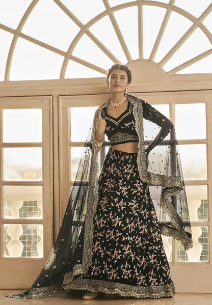 Black Chinnon Silk Sequins Work Engagement Lehenga