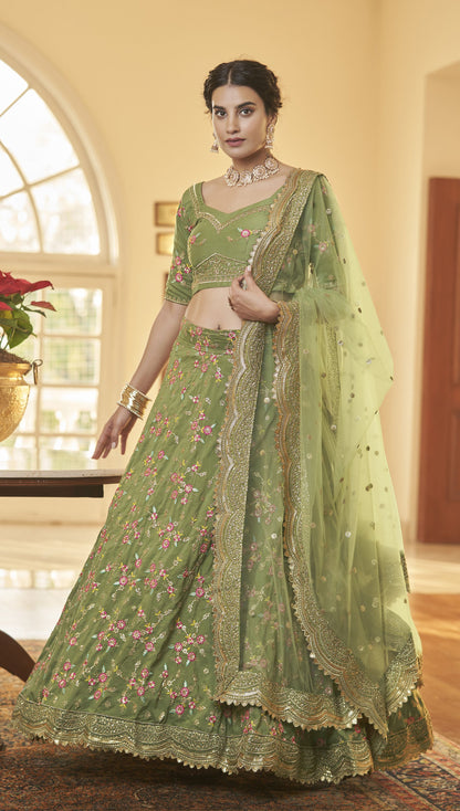 Green Chinnon Silk Sequins Work Engagement Lehenga