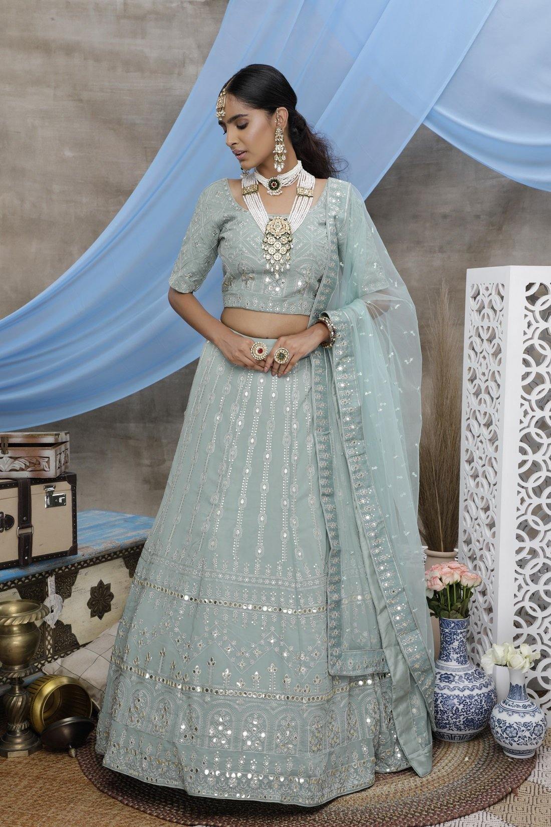    Dusty Green Georgette Bridal Lehenga Choli with Thread, gota patti embroidered work 