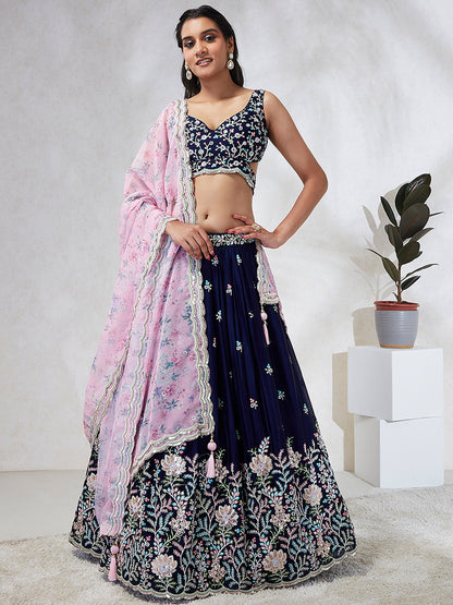 Navy Blue Georgette Sequins, Mirror and thread embroidery Lehenga