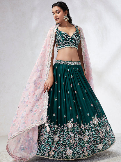 Teal - Georgette Sequins, Mirror and thread embroidery Lehenga choli