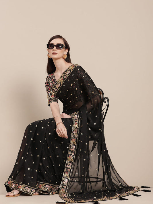 Black Sequins Embroidery Partywear Designer Silk Saree for rent